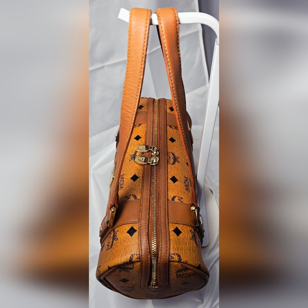 MCM Visetos Monogram Leather Barrel Shoulder Bag in Cognac Brown - Picture 5 of 14